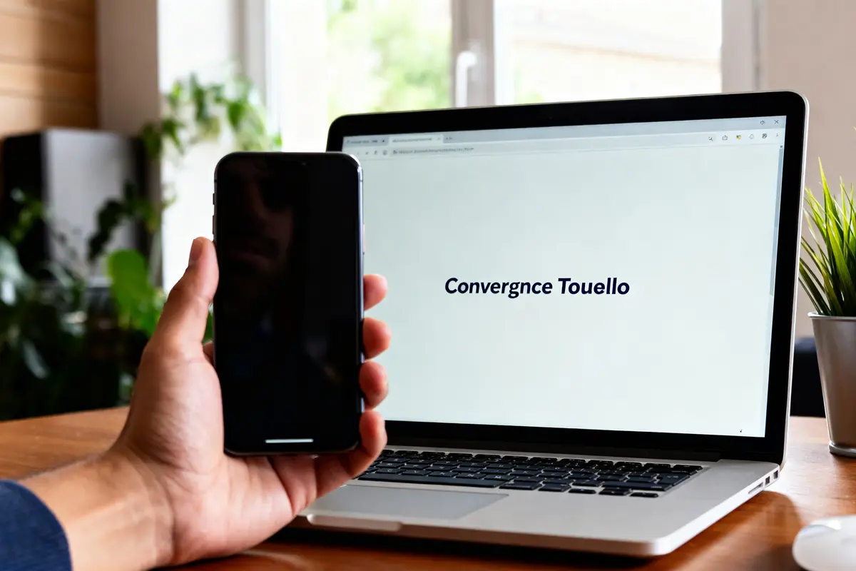 Personne tenant un téléphone devant un ordinateur affichant Convergence Toulouse sur l'écran