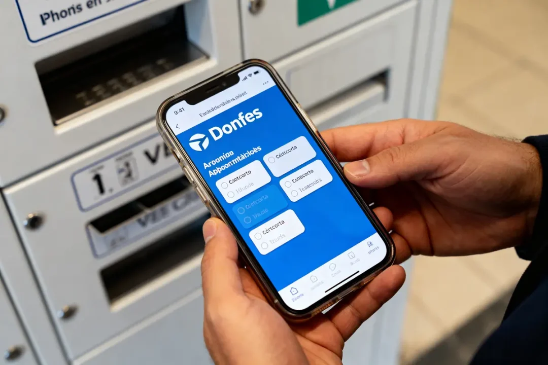 Personne utilisant l'application Donfes sur smartphone devant un distributeur de billets blanc