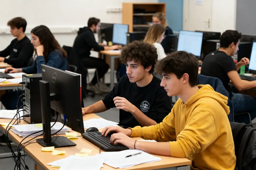 Des étudiants travaillent en groupe sur des ordinateurs dans une salle ENT Mirail.