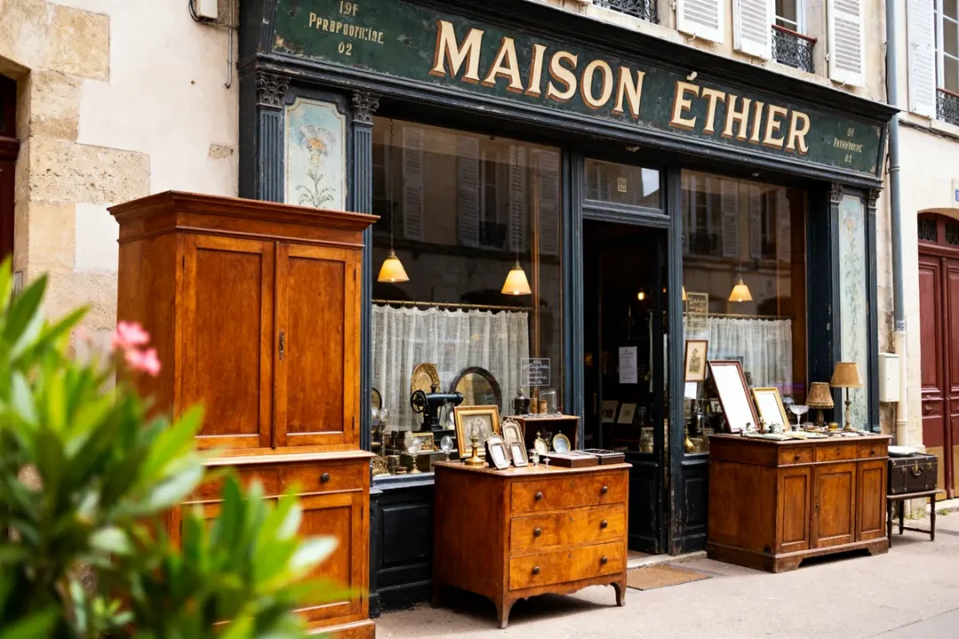 Devanture de Maison Éthier avec meubles anciens en bois et objets de décoration vintage