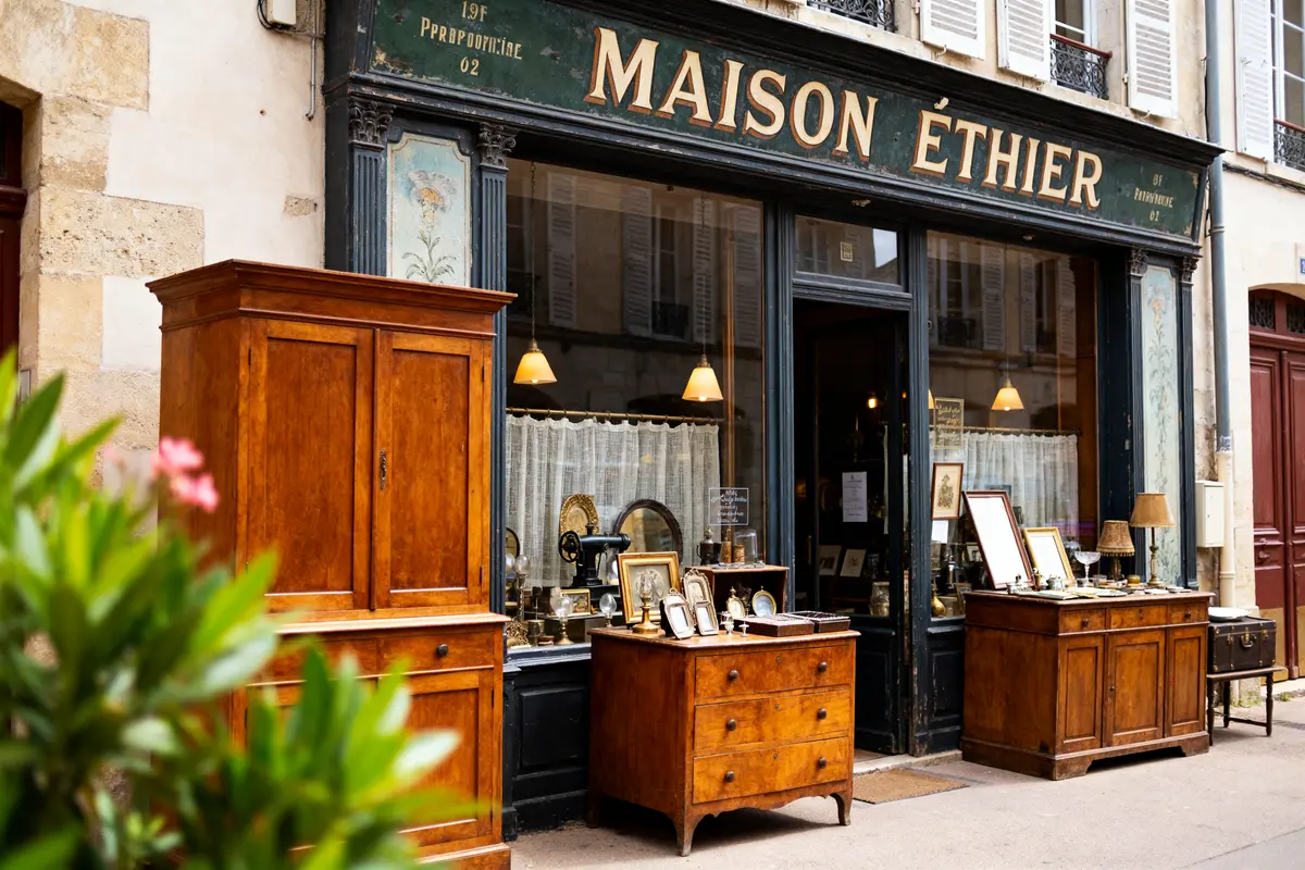 Devanture de Maison Éthier avec meubles anciens en bois et objets de décoration vintage