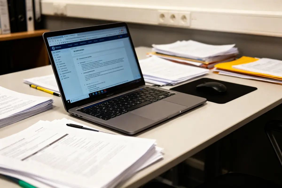 Ordinateur portable sur un bureau avec documents pour gestion de projets Mon Proxima