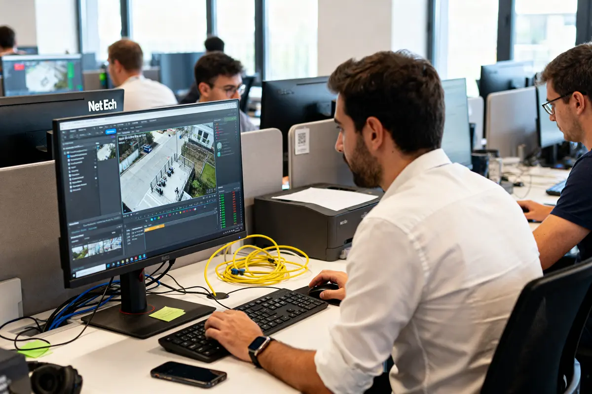 Homme travaillant sur l'édition vidéo au bureau avec logiciel Net Ech visible à l'écran