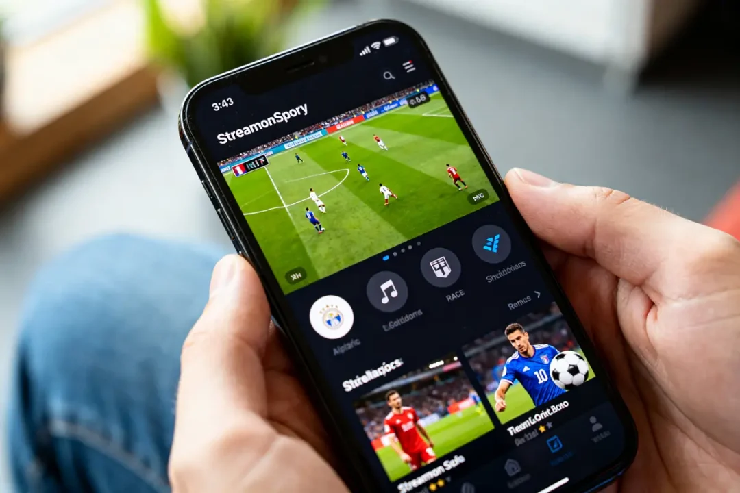 Main tenant un smartphone affichant un match de football sur StreamonSpory en streaming sports.