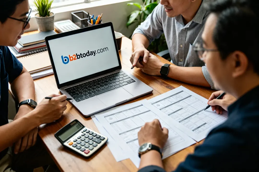 Des collègues discutent de documents financiers avec b2btoday.com affiché sur l'ordinateur portable