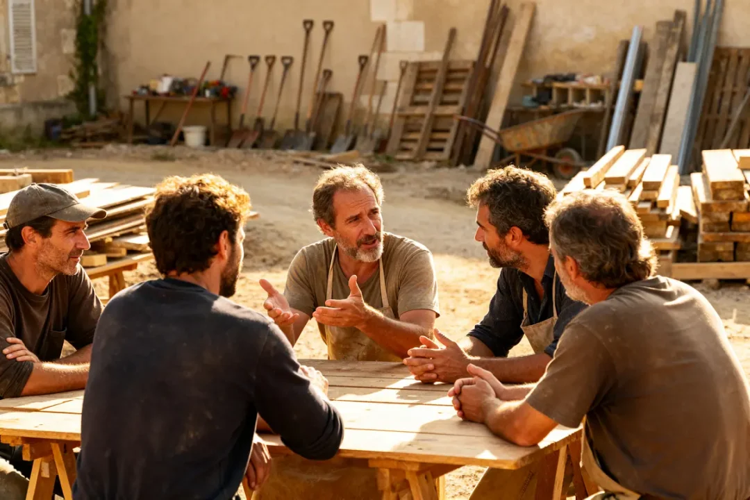 Discussion entre ouvriers à une table en bois, batievol.fr avis sur le travail artisanal