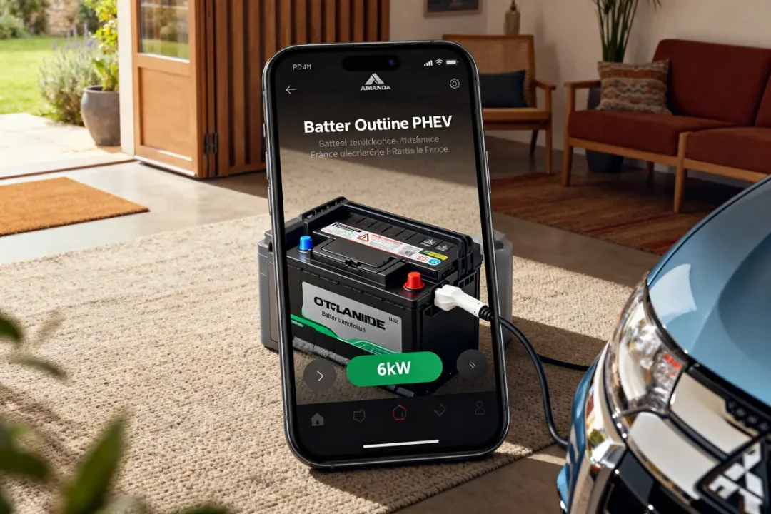 Téléphone montrant batterie Outlander PHEV branchée à 6 kW dans un salon moderne