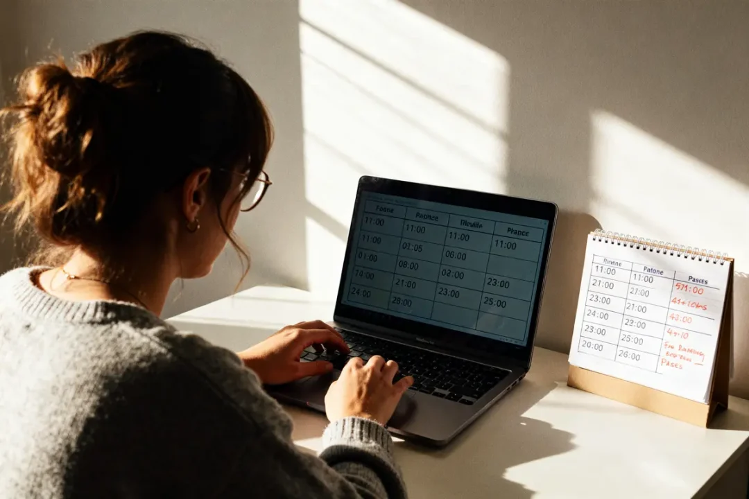 Personne travaillant sur ordinateur avec tableau pour calcul de temps de travail