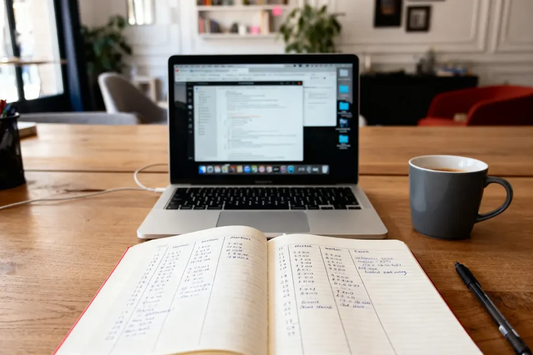 Carnet et ordinateur sur bureau pour calculer combien d'heures de travail par mois