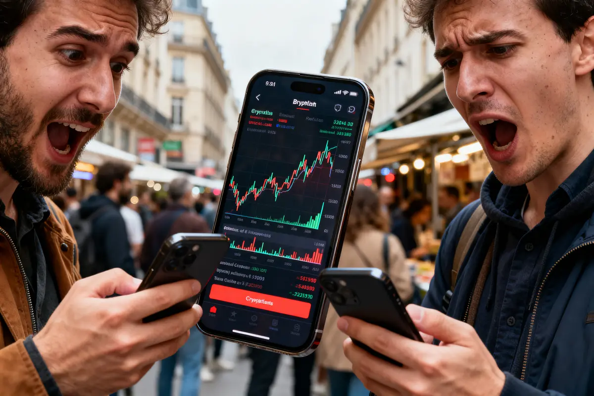 Deux hommes surpris observant un écran de smartphone indiquant une crypto bubble montante