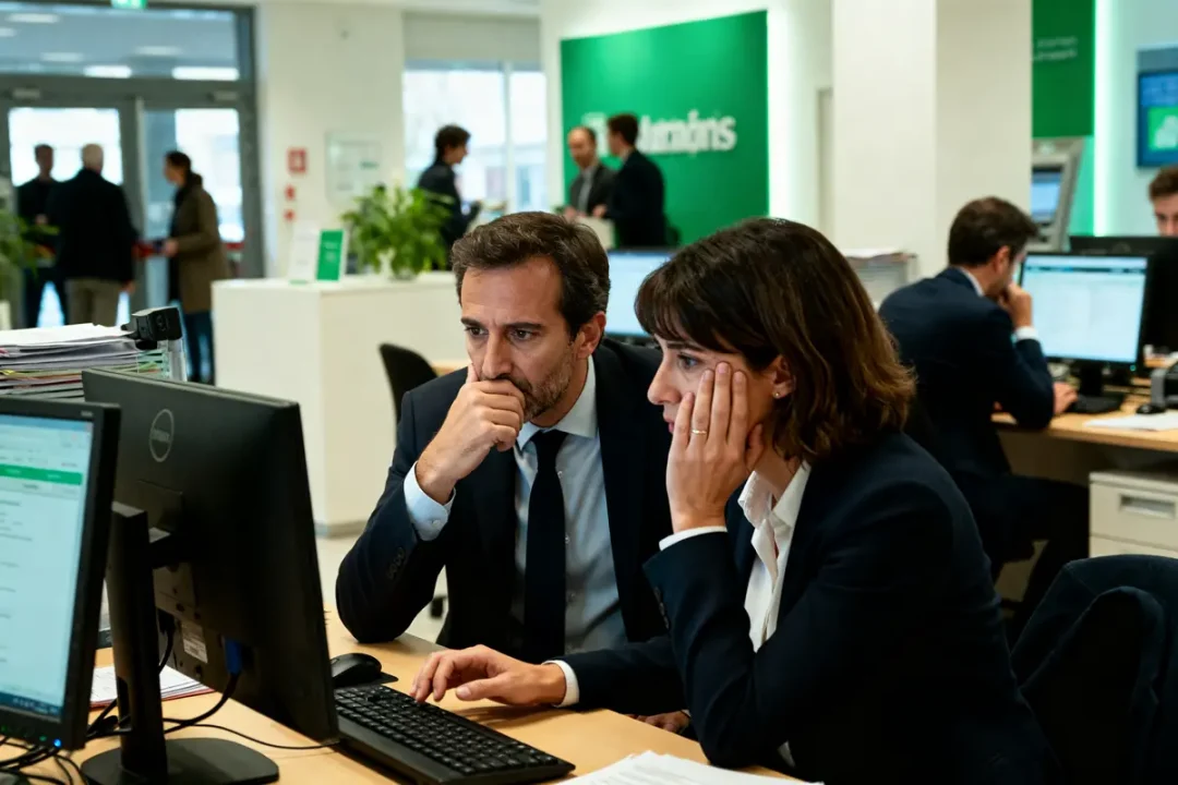 Des employés de banque analysent une cyberattaque de banque sur leurs écrans d'ordinateur.