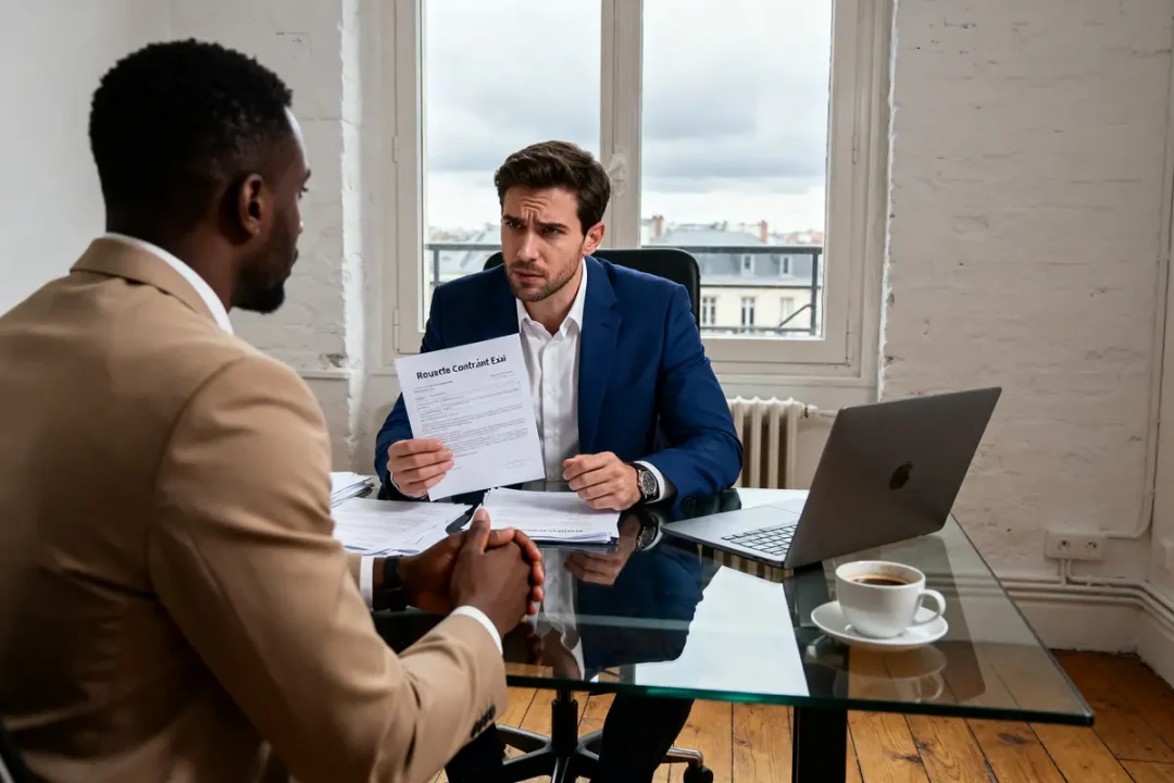 Deux hommes discutant d'un contrat avec délai de prévenance dans un bureau moderne