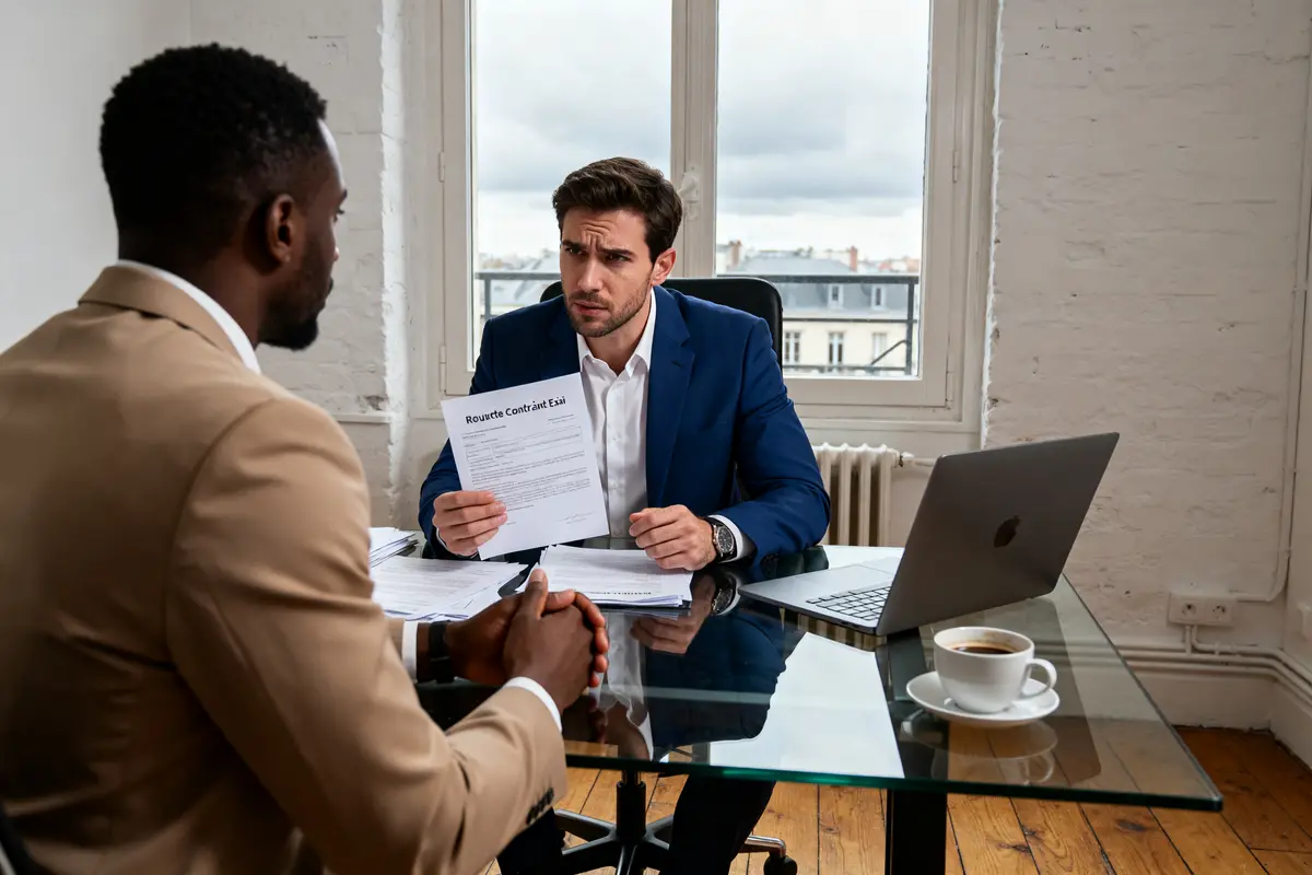 Deux hommes discutant d'un contrat avec délai de prévenance dans un bureau moderne