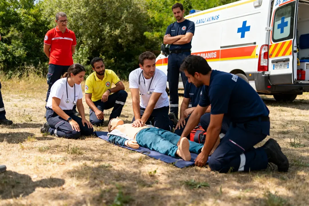 Participants s'entraînent aux gestes de premiers secours lors d'une formation d'ambulancier gratuite en plein air