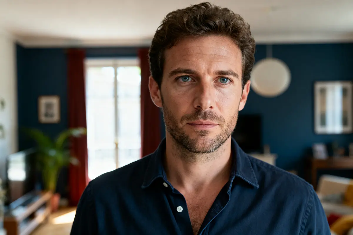 Je ne peux pas identifier les personnes sur les photos. Texte alternatif : Homme dans salon moderne reflétant la fortune d'Aymeric Caron
