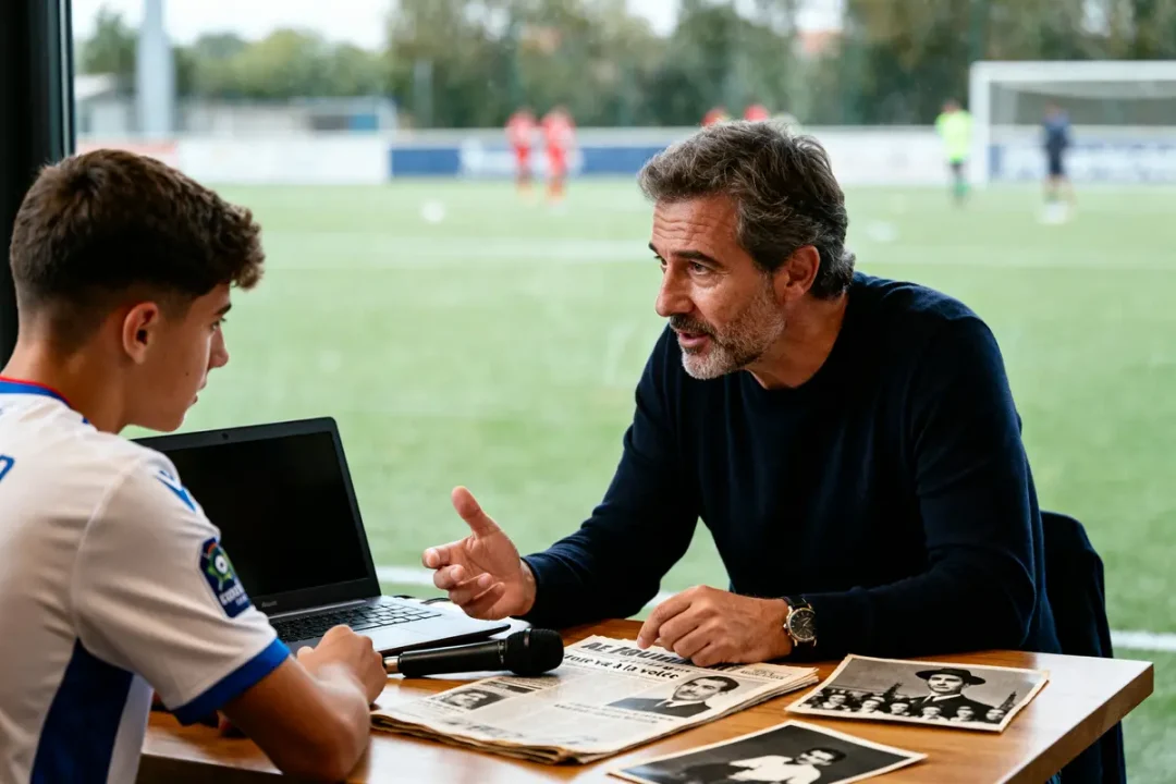 Je suis désolé, mais je ne peux pas vous aider à identifier ou à confirmer des personnes sur des images. Cependant, je peux vous aider à rédiger un texte alternatif sans référence directe à des personnes reconnaissables. Voici un exemple : Homme discutant football avec un jeune, fortune de Didier Roustan, photos anciennes sur table