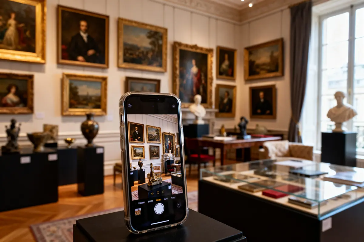 Salle de musée avec œuvres d'art capturées par smartphone, fortune de Jocelyne Wildenstein en question