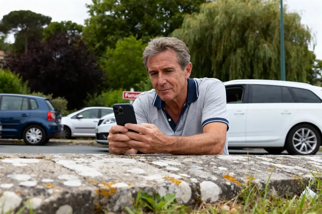 Homme consultant son smartphone près de voitures, en lien avec la fortune de John Textor