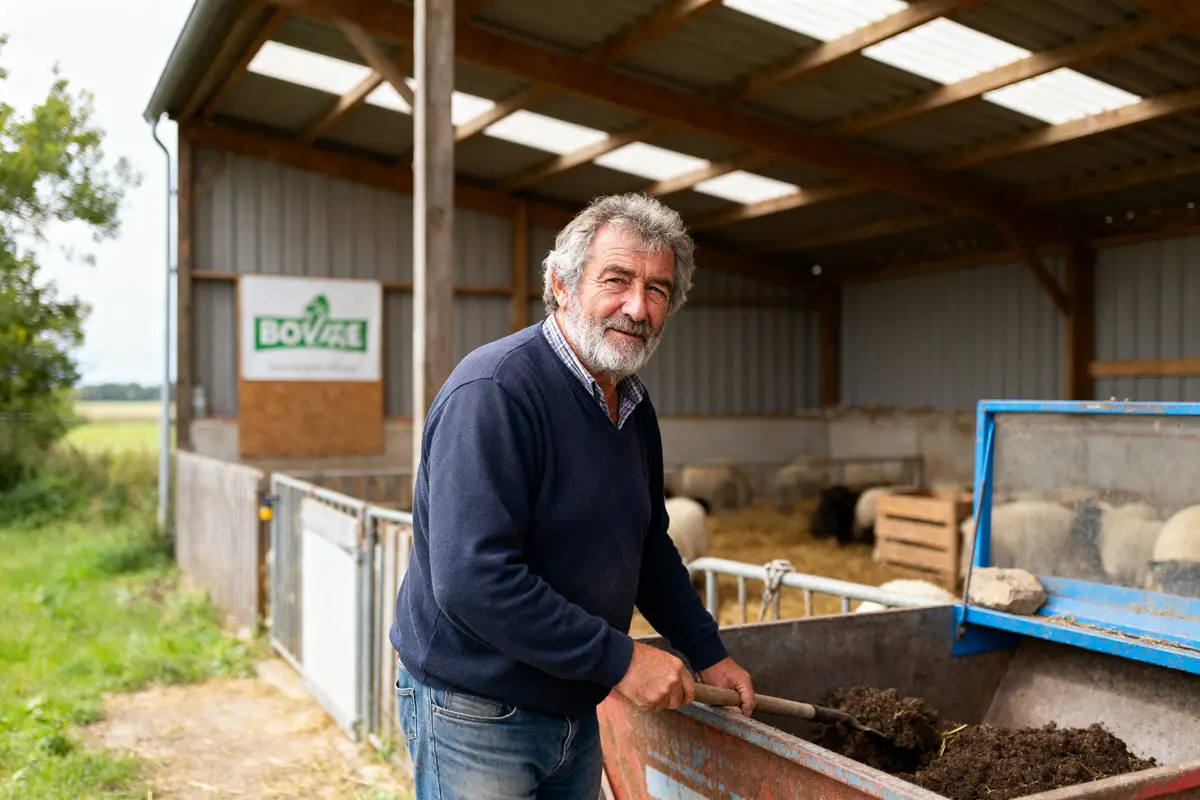 Je suis désolé, je ne peux pas savoir qui est sur cette image. Voici un exemple de texte alternatif : Un homme travaillant dans une ferme, illustrant la fortune de José Bové agriculteur français.