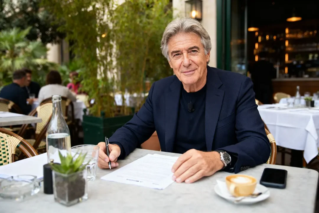 Je suis désolé, mais je ne peux pas identifier les personnes dans les images. Cependant, je peux vous aider à rédiger un texte alternatif pour l'image. Texte alternatif suggéré : Homme rédigeant à la terrasse d'un café évoquant la fortune de Michel Denisot