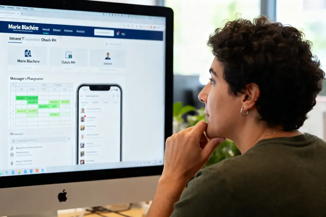 Employé consultant l'intranet de Marie Blachère sur un écran d'ordinateur dans un bureau