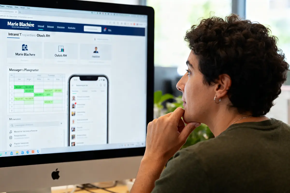 Employé consultant l'intranet de Marie Blachère sur un écran d'ordinateur dans un bureau