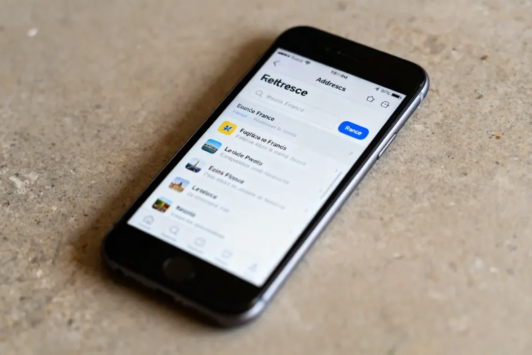 Smartphone affichant une application de recherche d'adresses en France avec le terme malgrim