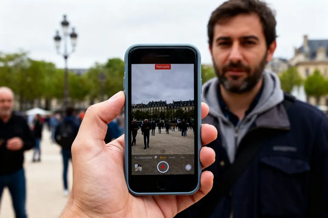 Une photo d'homme devant un smartphone utilisant l'application marque en P.