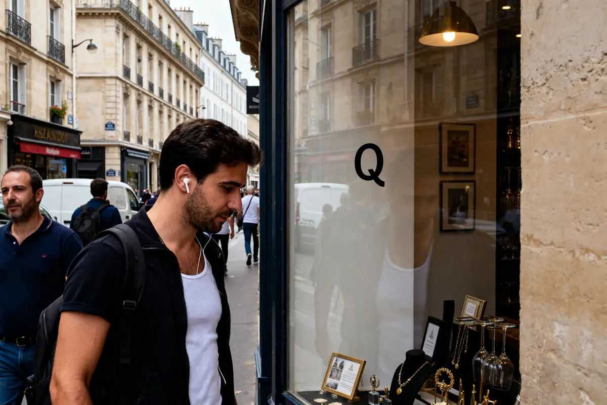 Homme regardant vitrine de bijouterie avec logo marque en Q rue animée Paris