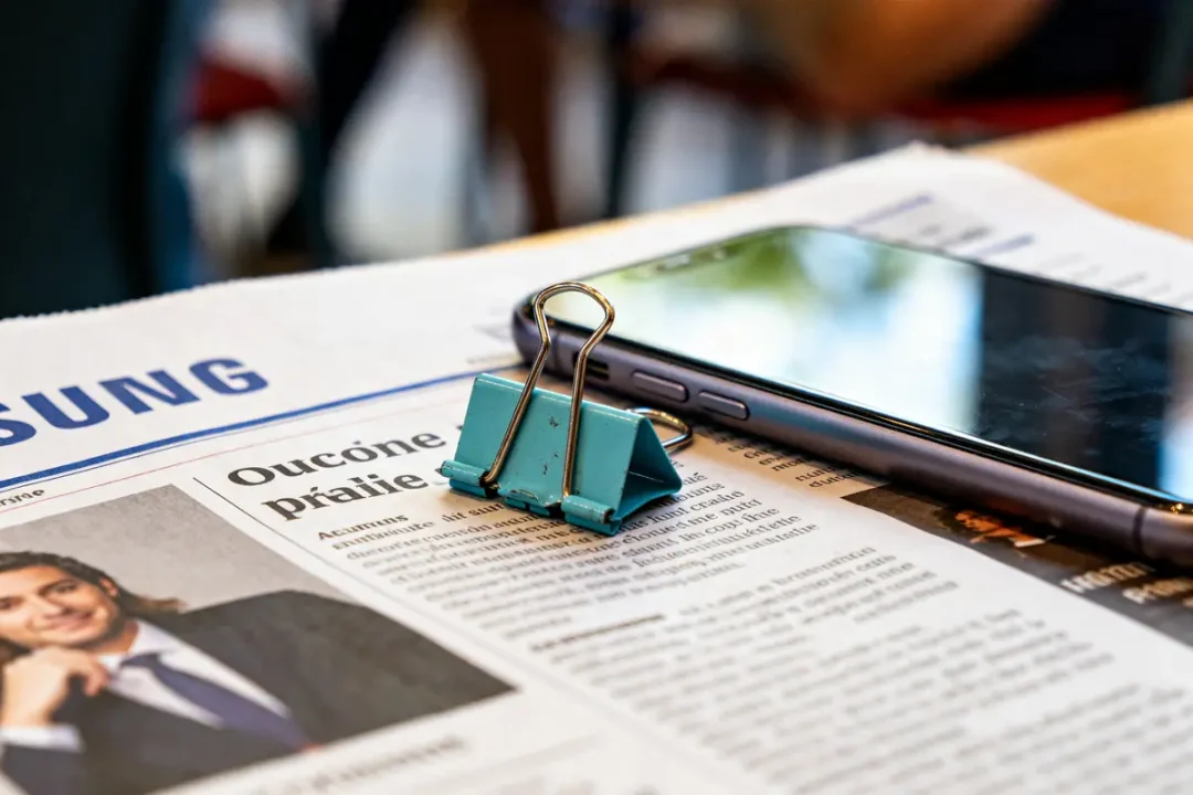 Presse-papier Samsung turquoise sur journal avec smartphone à proximité sur une table