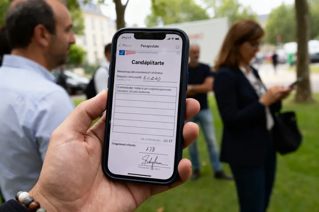 Main tenant un smartphone avec récapitulatif de votre candidature signé dans un parc public