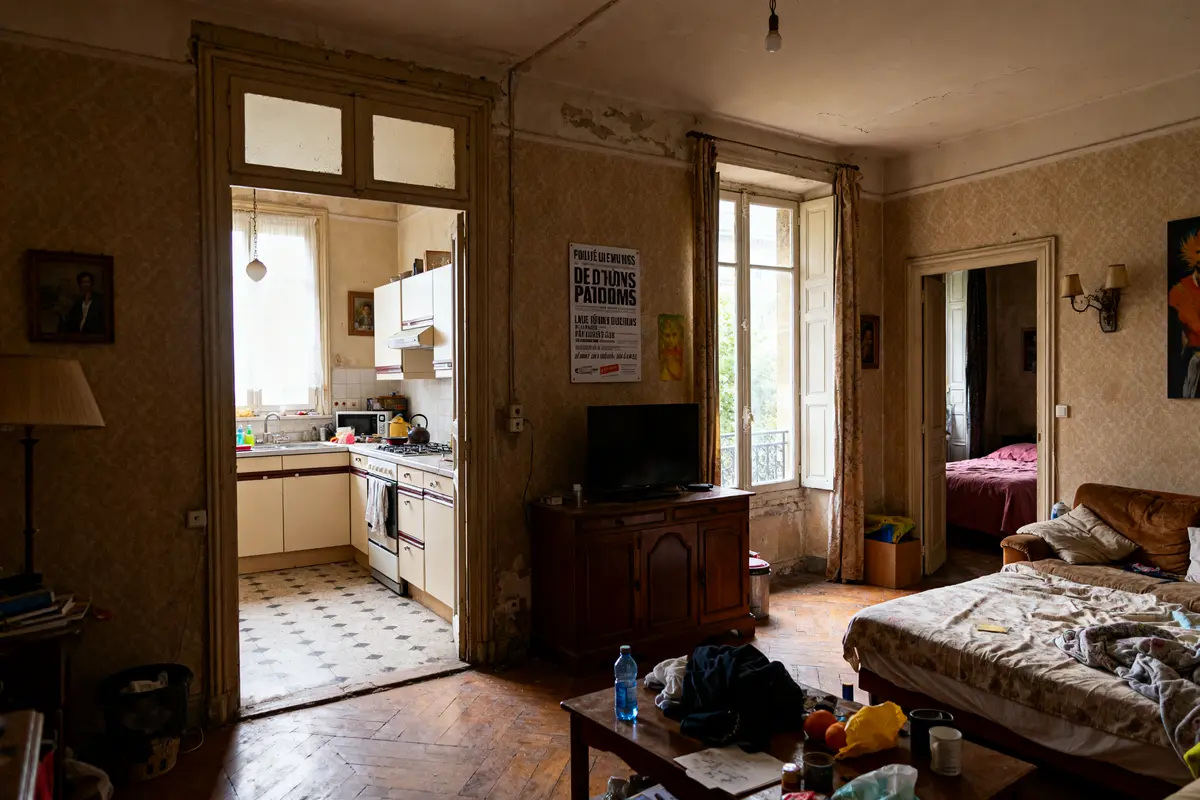 Un salon chaotique et une cuisine vintage pour rêver d’une maison avec beaucoup de pièces