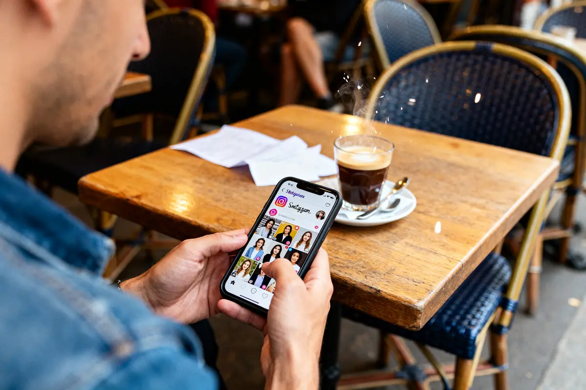 Personne consultant des stories IG sur smartphone dans un café, avec café fumant sur table