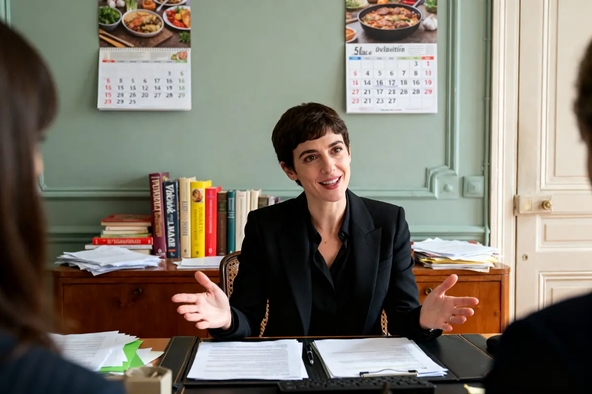 Une femme en réunion de travail discute de vos disponibilités devant un calendrier mural