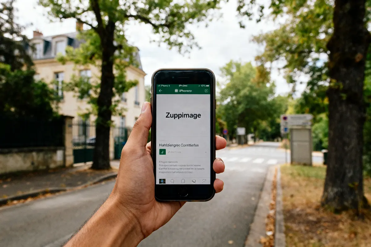 Main tenant smartphone affichant zuppimage dans rue arborée