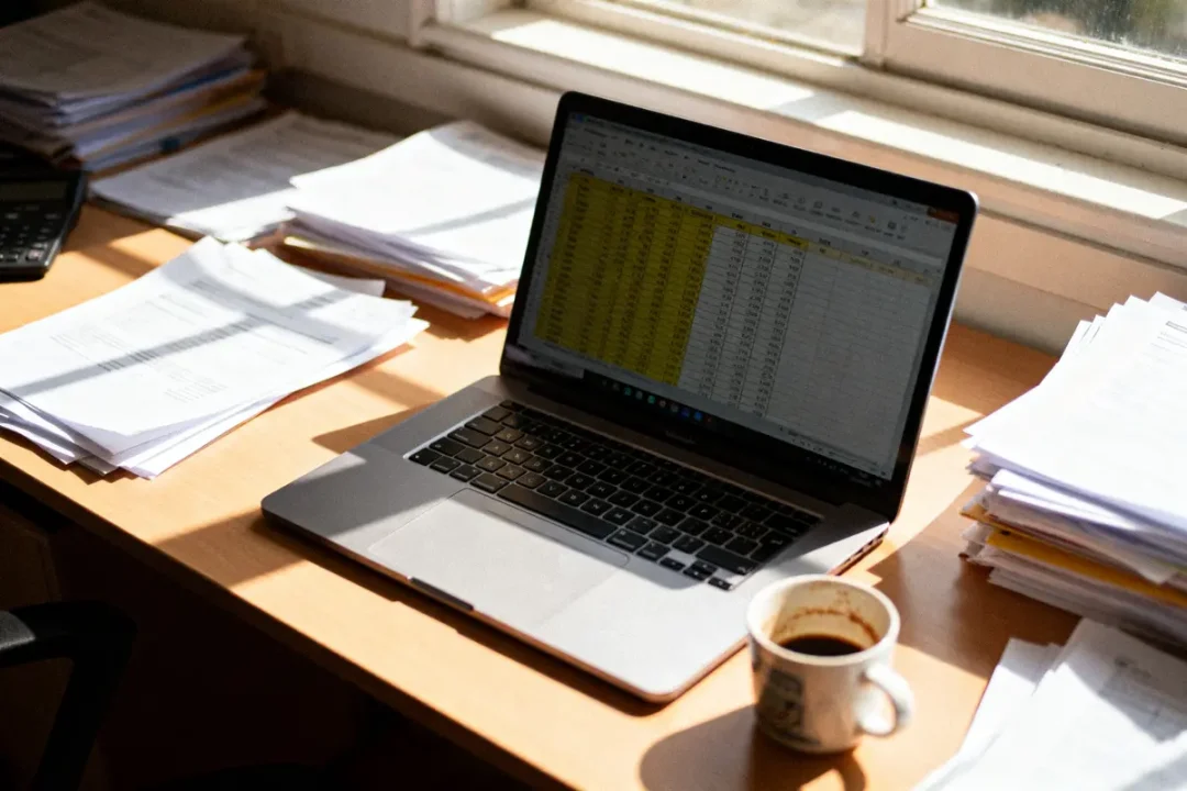 Ordinateur portable avec tableur, bureau encombré de papiers, tasse de café, lumière du jour par la fenêtre.