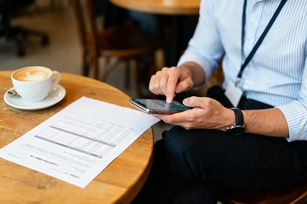 Personne utilisant un smartphone à une table, avec une tasse de café et des documents à côté.