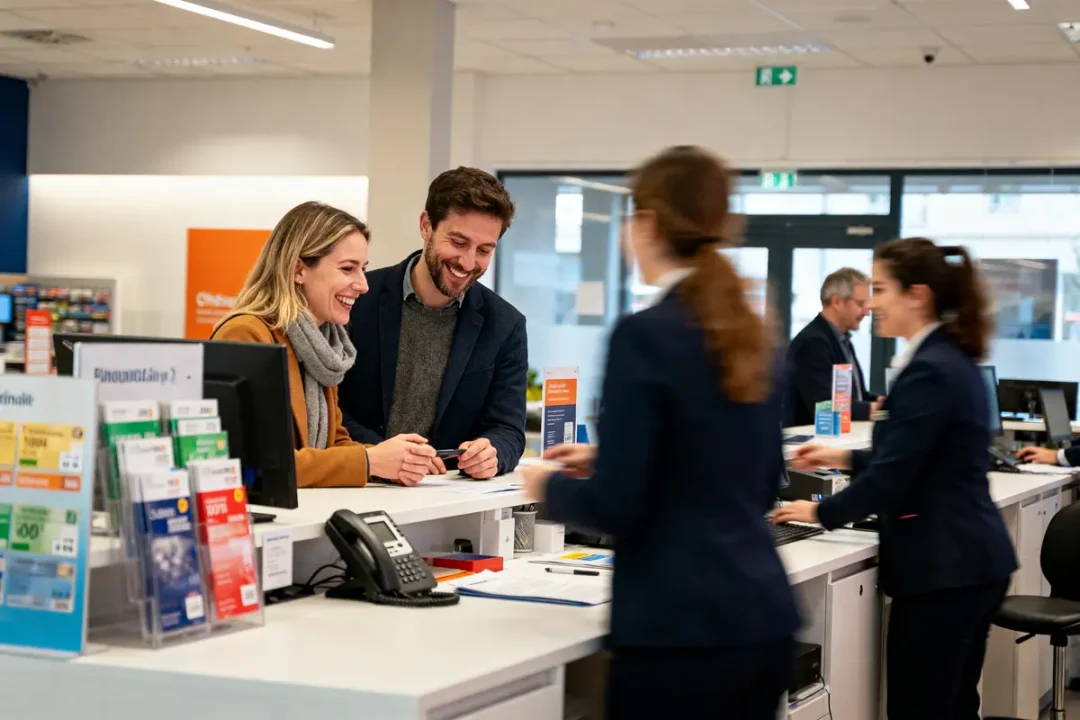 Personnes discutant à un comptoir dans un environnement commercial avec personnel derrière le bureau.