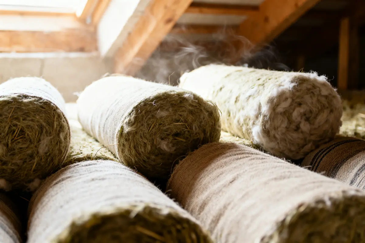 Rouleaux de laine isolante sous un plafond en pente, éclairage naturel.