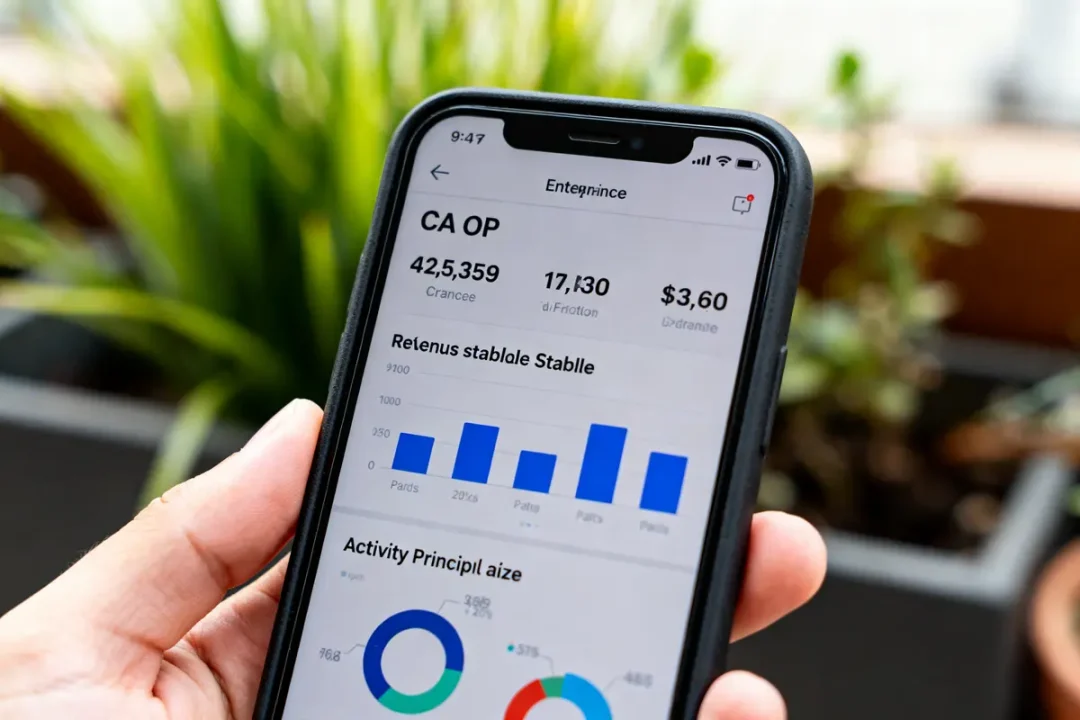 Une main tient un smartphone affichant des graphiques et des statistiques financières, arrière-plan flou de plantes.