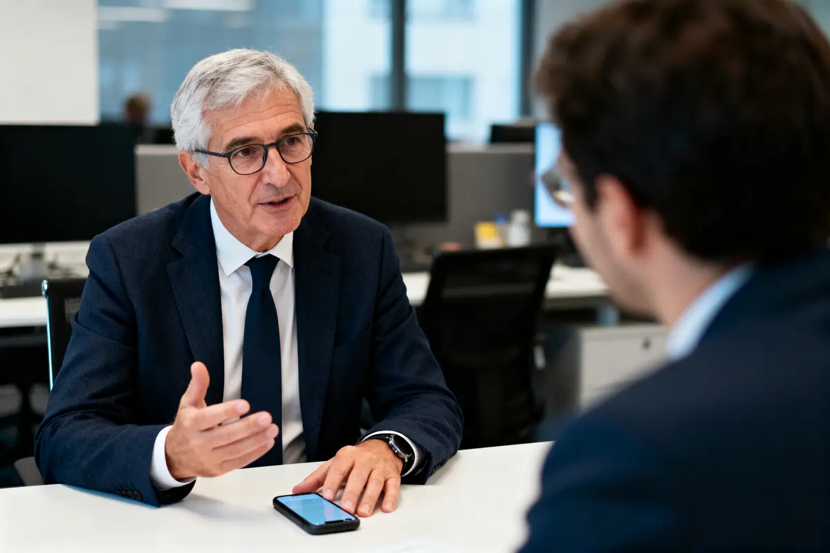 Deux hommes en costume discutent dans un bureau moderne, téléphone posé sur la table.