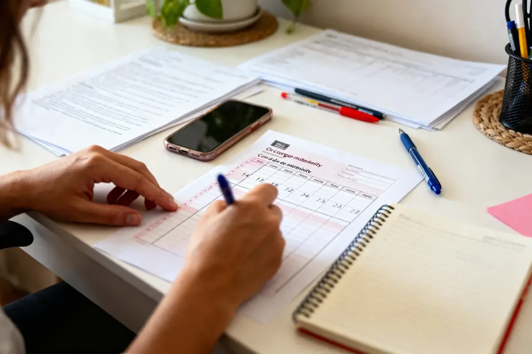 Personne écrivant sur un calendrier à un bureau avec téléphone, stylos, et cahiers autour.