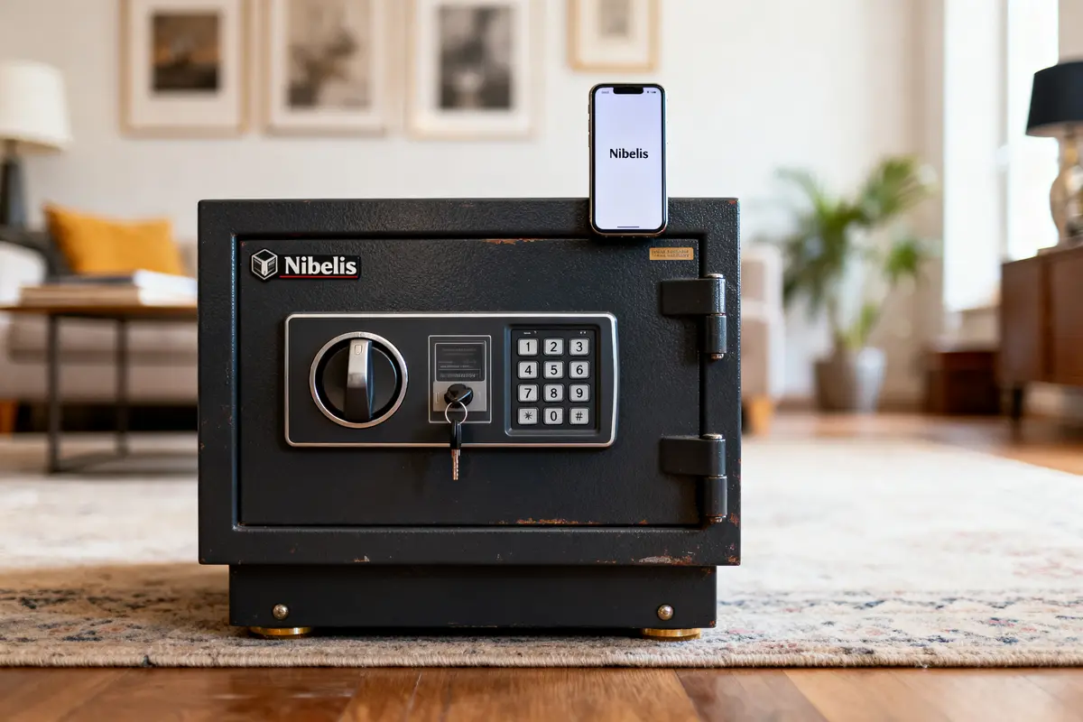 Coffre-fort noir avec clavier, clé, et téléphone affichant "Nibelis", intérieur lumineux.