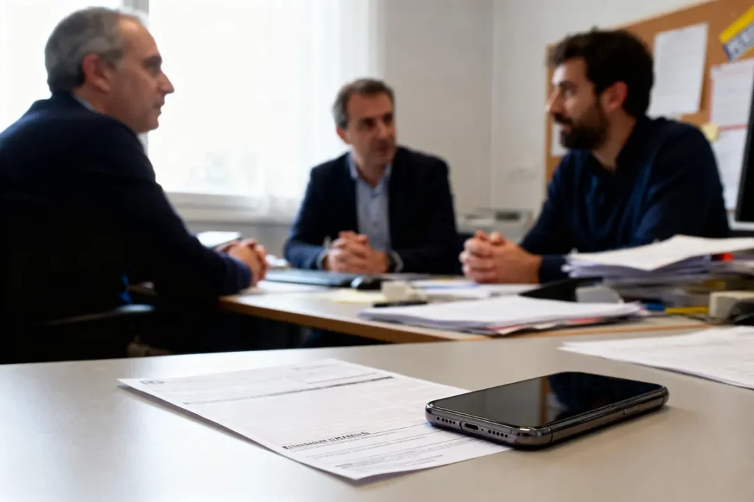 Trois hommes discutent autour d'une table de réunion avec documents et téléphone au premier plan.