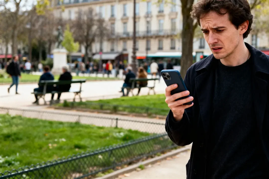 Homme préoccupé consultant son téléphone dans un parc urbain fréquenté, avec des bancs et des piétons.
