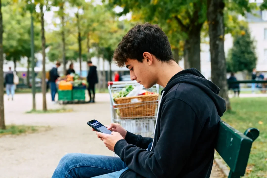 Jeune homme assis sur un banc, regardant son téléphone, avec panier de légumes en arrière-plan.