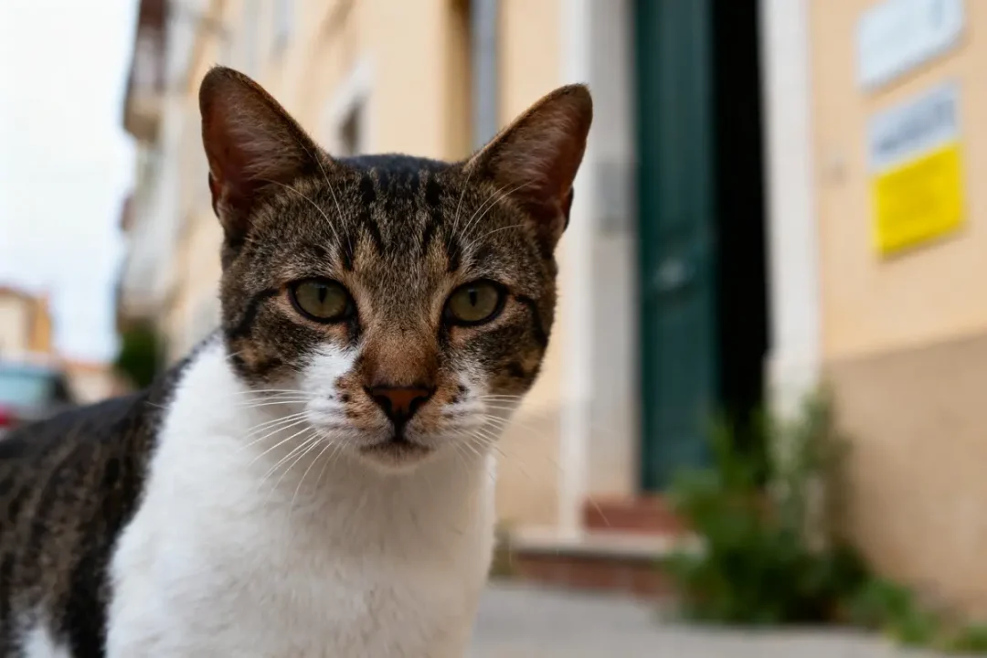 Chat tigré et blanc regardant la caméra dans une rue urbaine floue en arrière-plan.