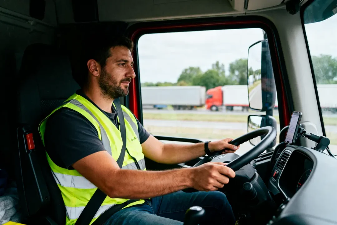 Homme conduisant un camion, portant un gilet jaune, intérieur de cabine, autoroute en arrière-plan avec camions.