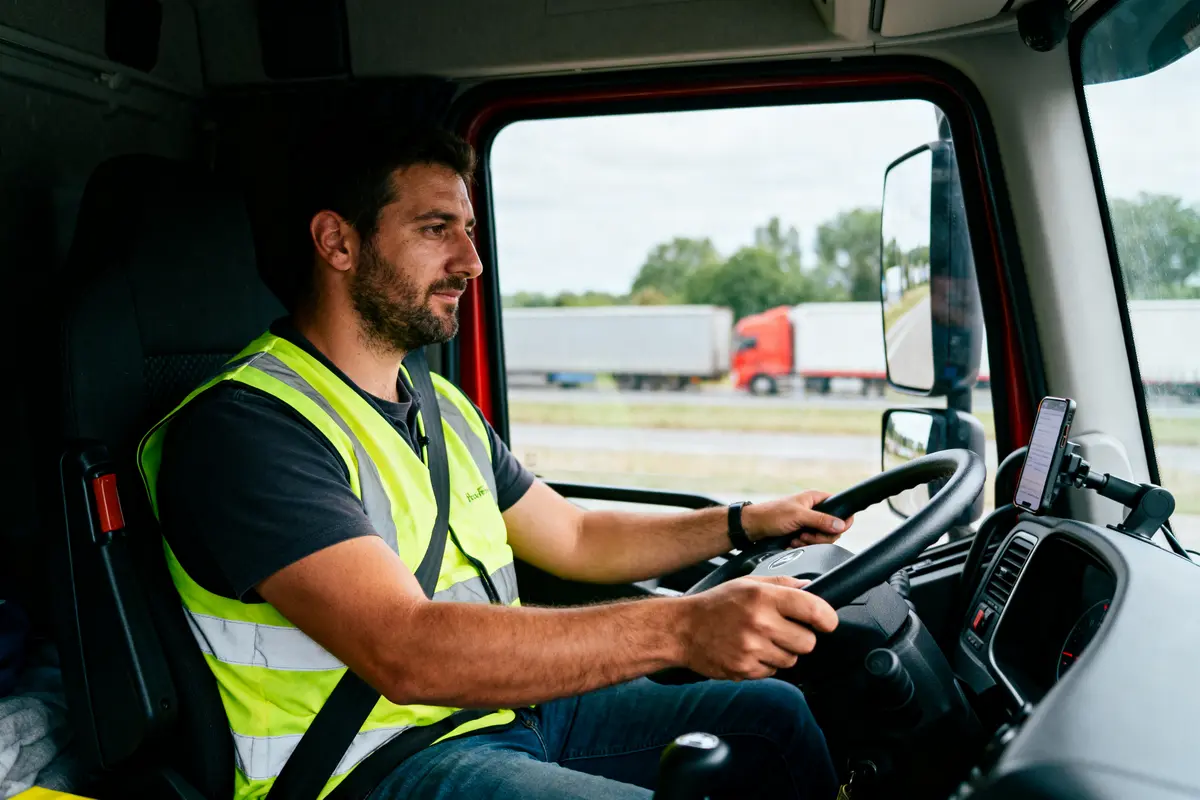 Homme conduisant un camion, portant un gilet jaune, intérieur de cabine, autoroute en arrière-plan avec camions.