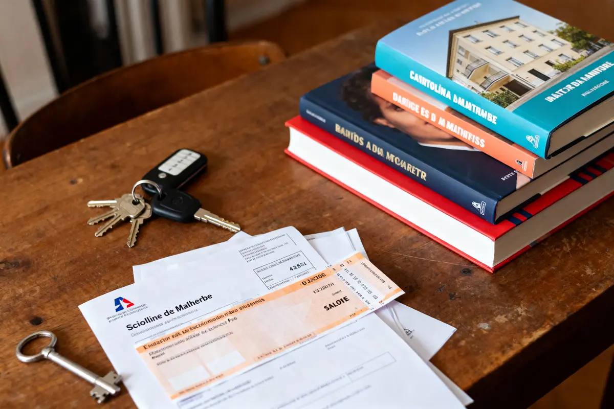 Clés, factures et livres empilés sur une table en bois, ambiance quotidienne et organisée.